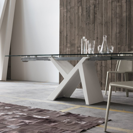 Table design extensible en verre et bois laqué blanc - Ikarus