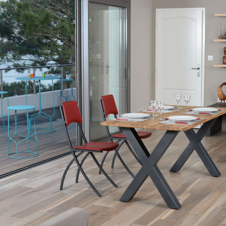 Chaise de cuisine fabrication française en croûte de cuir rouge et acierl - Ophélie