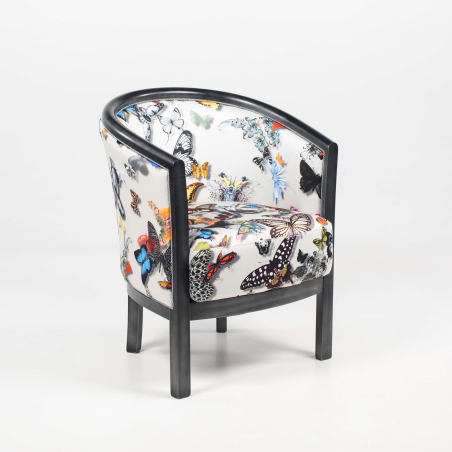 Fauteuil tonneau pour salon en tissu motifs papillons et hêtre massif - Julien