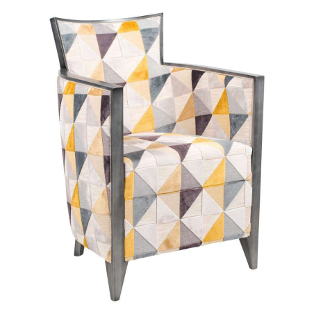 Fauteuil art déco fabriqué en France en tissu jaune, blanc, gris avec motifs et bois - Nathan