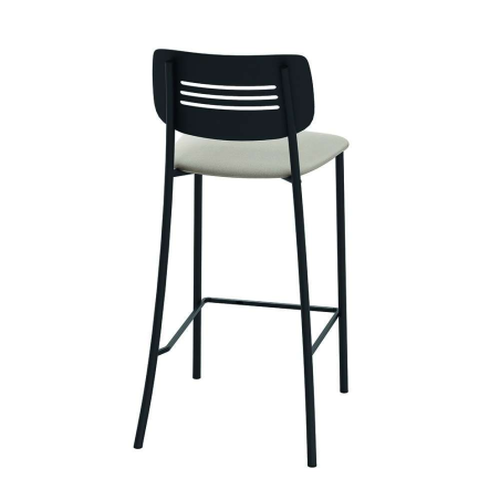 Tabouret de cuisine rembourré assise beige avec dossier strié en métal noir - Miro