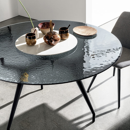 Table design ronde en verre texturé fumé conçue en Italie - Arkos Sovet®