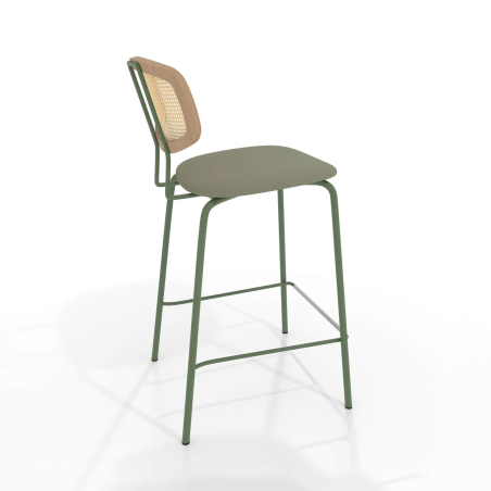 Tabouret rétro avec dossier cannage rotin et assise en synthétique - Ritmo