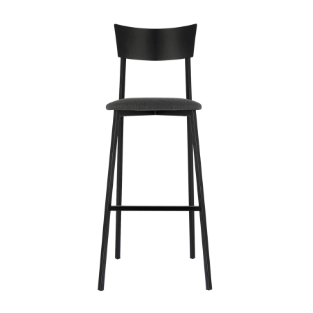 Tabouret de bar made in France avec assise en tissu noir rembourrée et dossier métal - Anémone Carrier®