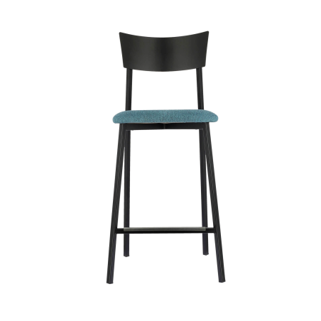 Tabouret haut français avec assise en tissu bleu rembourrée et dossier métal noir - Anémone Carrier®