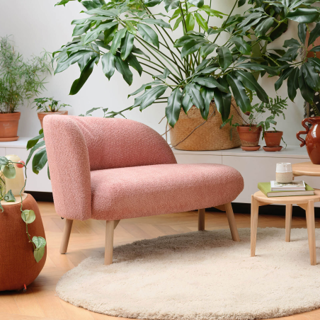 Banquette cosy en tissu avec bouclettes rose et pieds en bois naturel - Thalia Mobitec ®