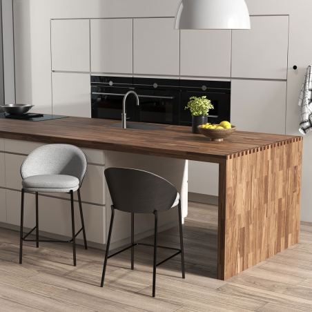 Tabouret snack bimatière en tissu gris avec dossier bois et pieds en métal - Sandro