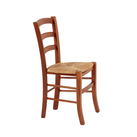 Chaise de cuisine rustique en hêtre massif teinté mérisier et paille - Brocéliande
