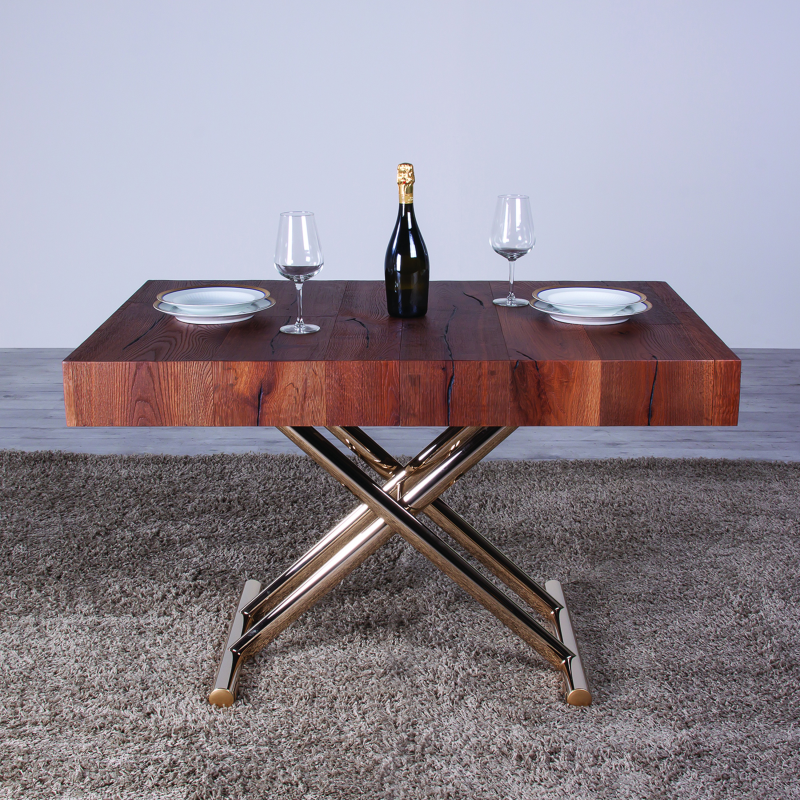 Table extensible relevable en chêne et piétement doré - Ulisse