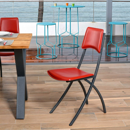 Chaise de cuisine en croûte de cuir rouge et métal - Ophélie