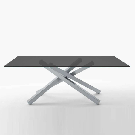 able design en verre trempé graphite et piétement mikado en métal satiné - Péchino Midj®