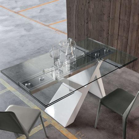 Table design avec allonges en verre et bois laqué blanc - Ikarus