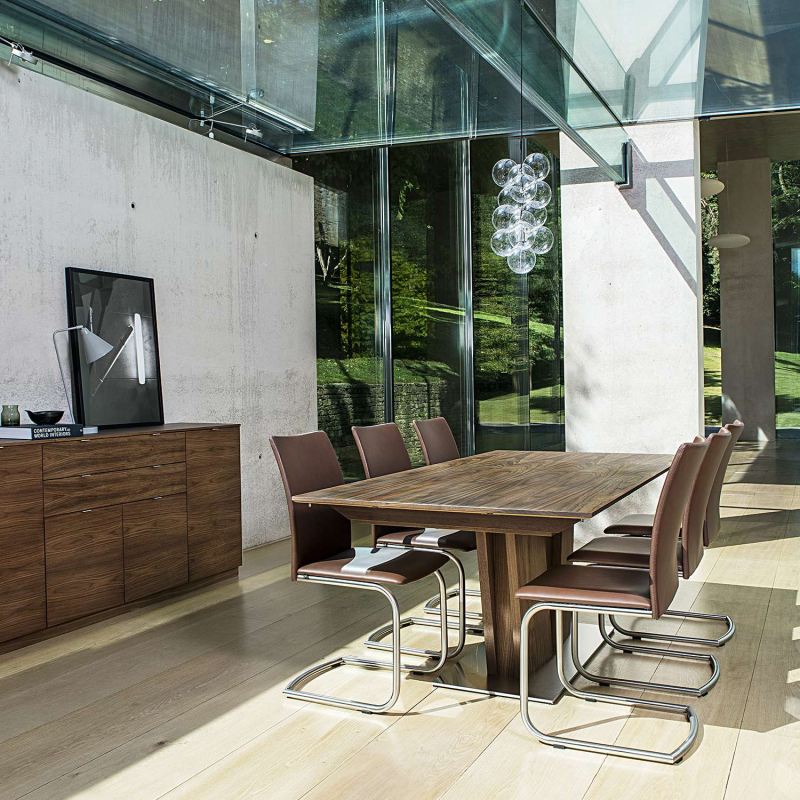 Table en bois foncé moderne avec allonges avec pied central - SM39