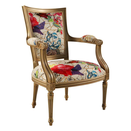 Fauteuil cabriolet Louis 16 fabrication française en tissu avec motifs roses et bois - Quentin