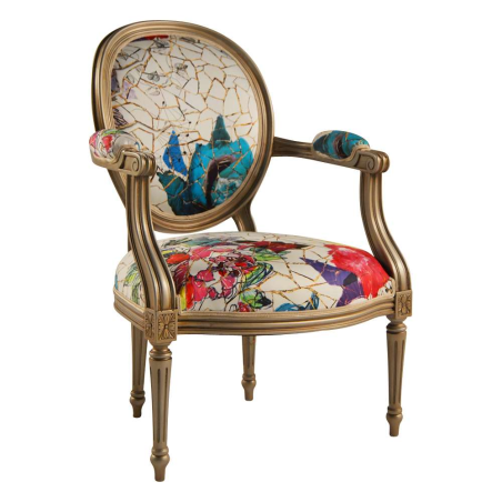 Fauteuil Louis XVI médaillon revisité fabrication française Lacroix tissu roses - Adrien
