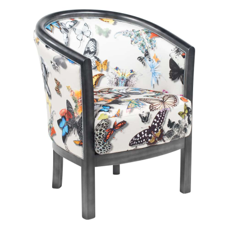 Fauteuil tonneau pour salon en tissu motifs papillons et bois - Julien