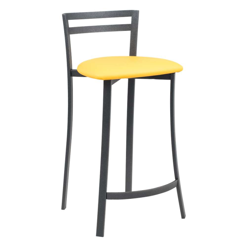 Tabouret snack avec dossier bas en synthétique rembourrée jaune et métal noir made in France - Urane