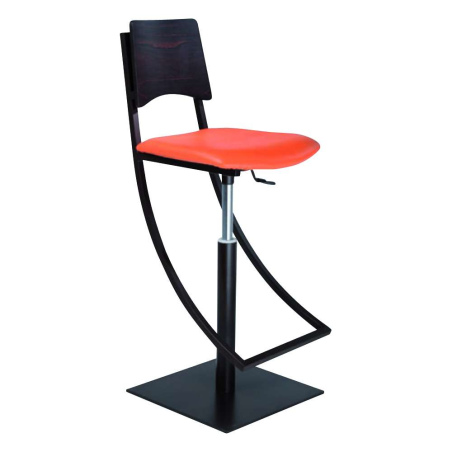 Tabouret réglable en métal et synthétique orange dossier bois wengé - Ophélie 