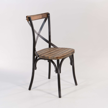Chaise rétro en métal patiné noir avec assise bois - Madie