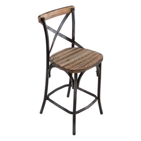 Tabouret bistrot en métal patiné noir et bois vieilli - Madie