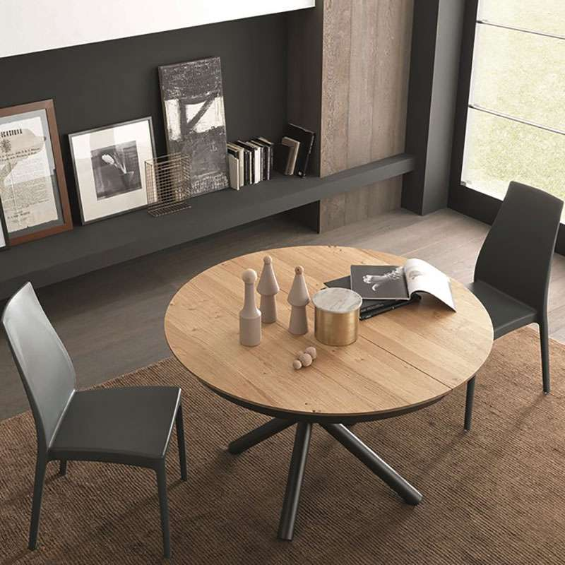 Table design extensible ronde en chêne plaqué avec piétement central en métal noir- Fahrenheit