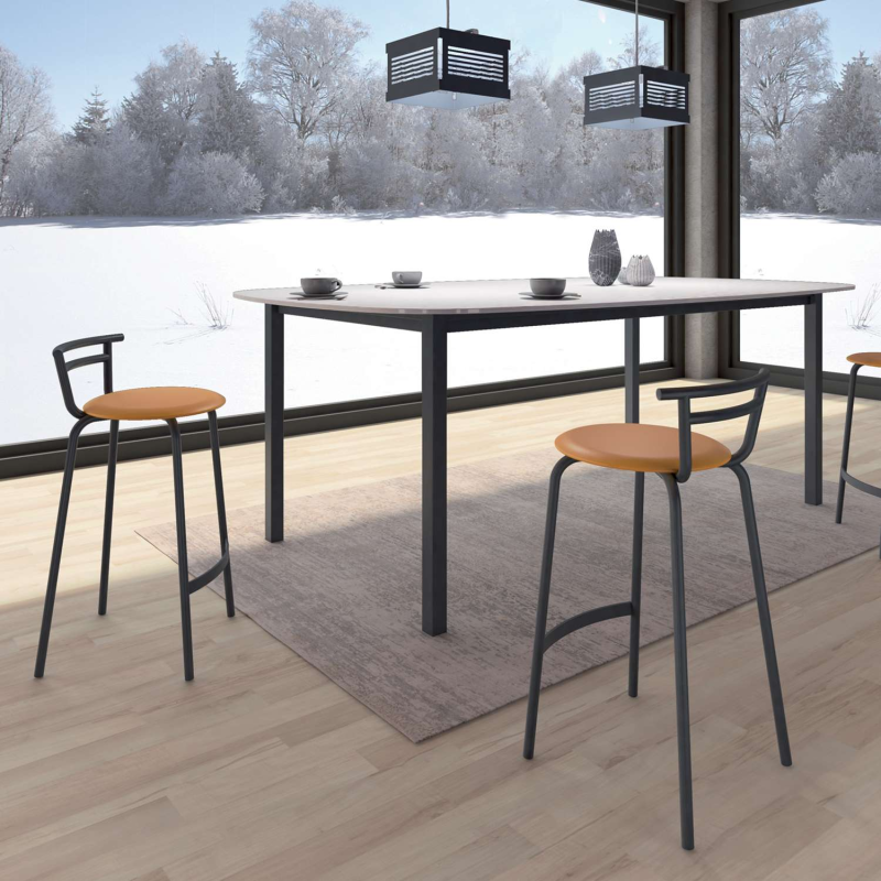 Tabouret snack fabriqué en France assise ronde rembourrée jaune et structure métal - Xélus