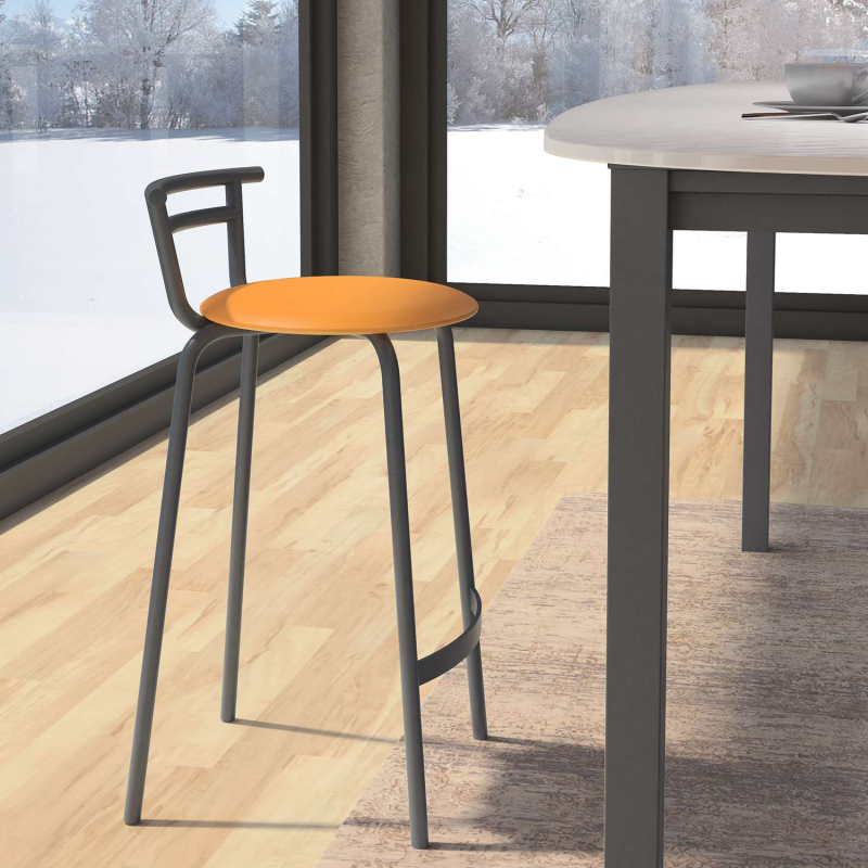 Tabouret snack fabriqué en France assise ronde rembourrée jaune et structure métal - Xélus