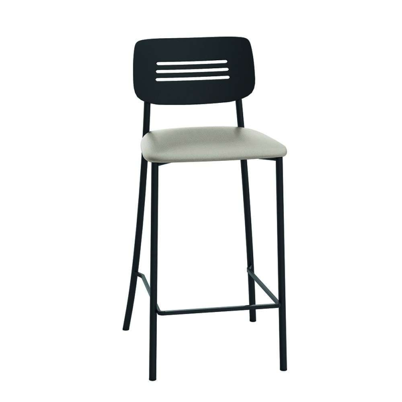 Tabouret hauteur 65 cm de cuisine rembourré assise beige avec dossier strié en métal noir - Miro