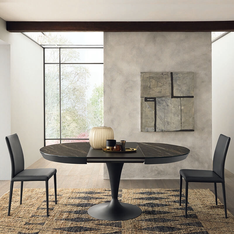 Table ronde en céramique noire avec allonges pied tulipe  - Sun