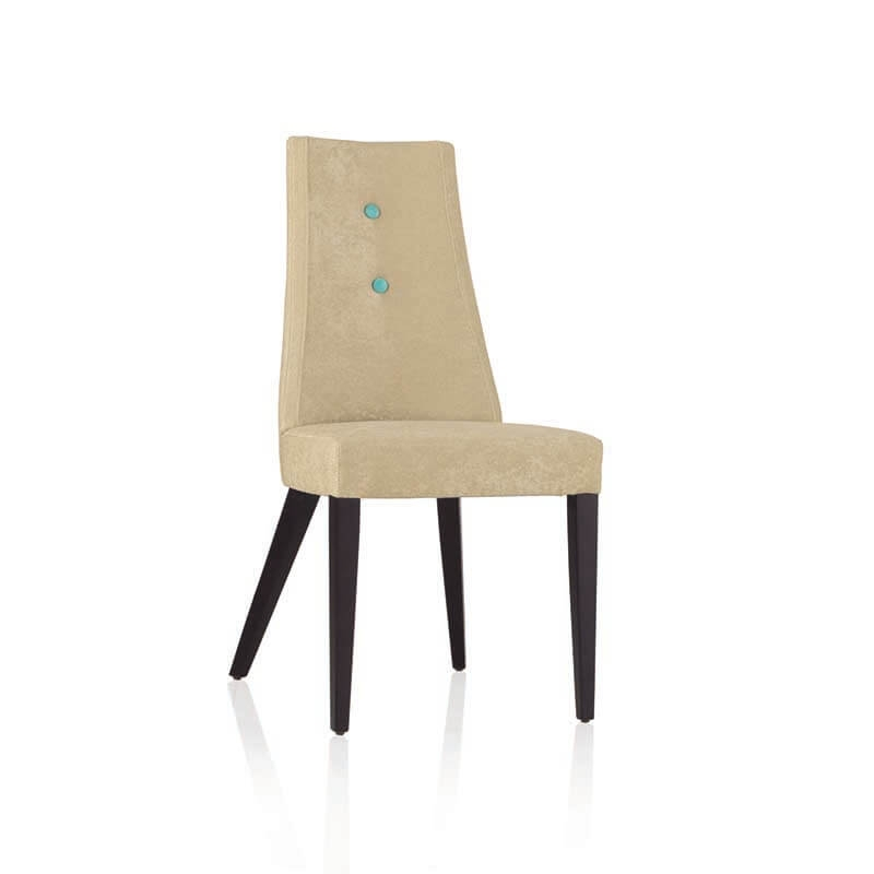 Chaise contemporaine en tissu sable avec boutons bleus et pieds bois - Park