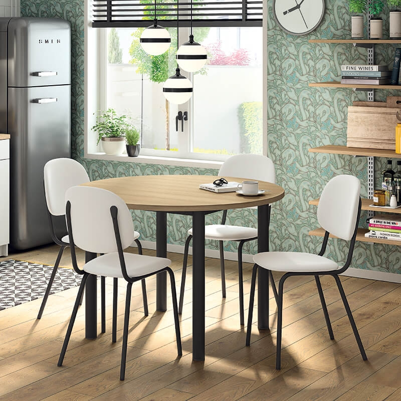 Table de cuisine ronde en stratifié imitation bois pieds noirs - Lustra