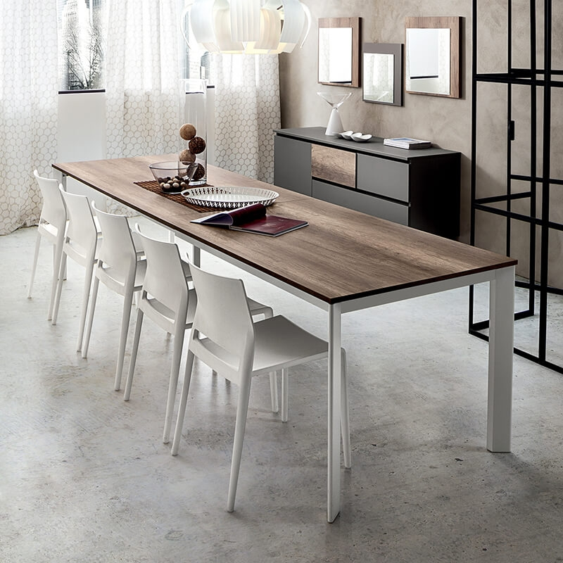 table de salle à manger extensible rectangulaire plateau en stratifié effet bois et pieds blanc- Mario