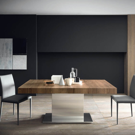 Table de salle à manger extensible pied central plateau en mélaminé effet bois - Toxer Maxi