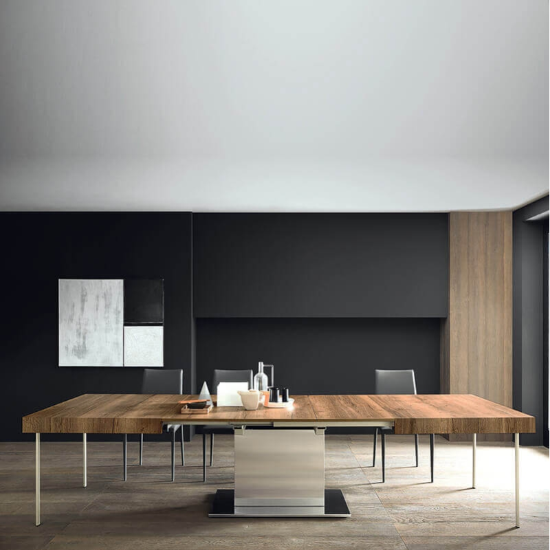 Table de salle à manger extensible pied central plateau en mélaminé effet bois - Toxer Maxi