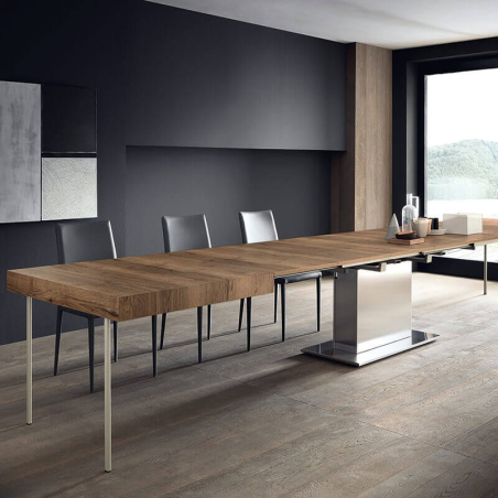 Table ultra extensible pied central plateau en mélaminé effet bois - Toxer Maxi