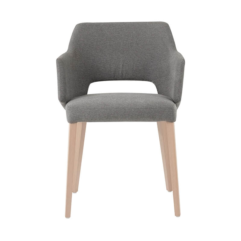 Fauteuil scandinave tissu gris et pieds en bois avec dossier ajouré - Lena Mobitec®