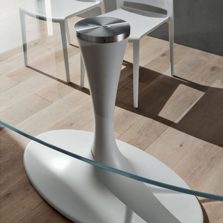Table design ovale en verre transparent pied tulipe blanc - Ruud 