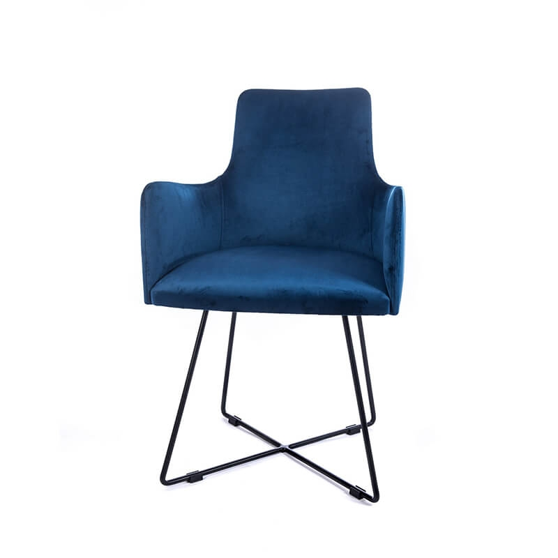 Fauteuil de salle à manger en tissu bleu et pieds métal noir - Anders 