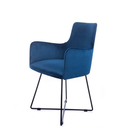 Fauteuil design en tissu bleu et pieds métal noir - Anders 