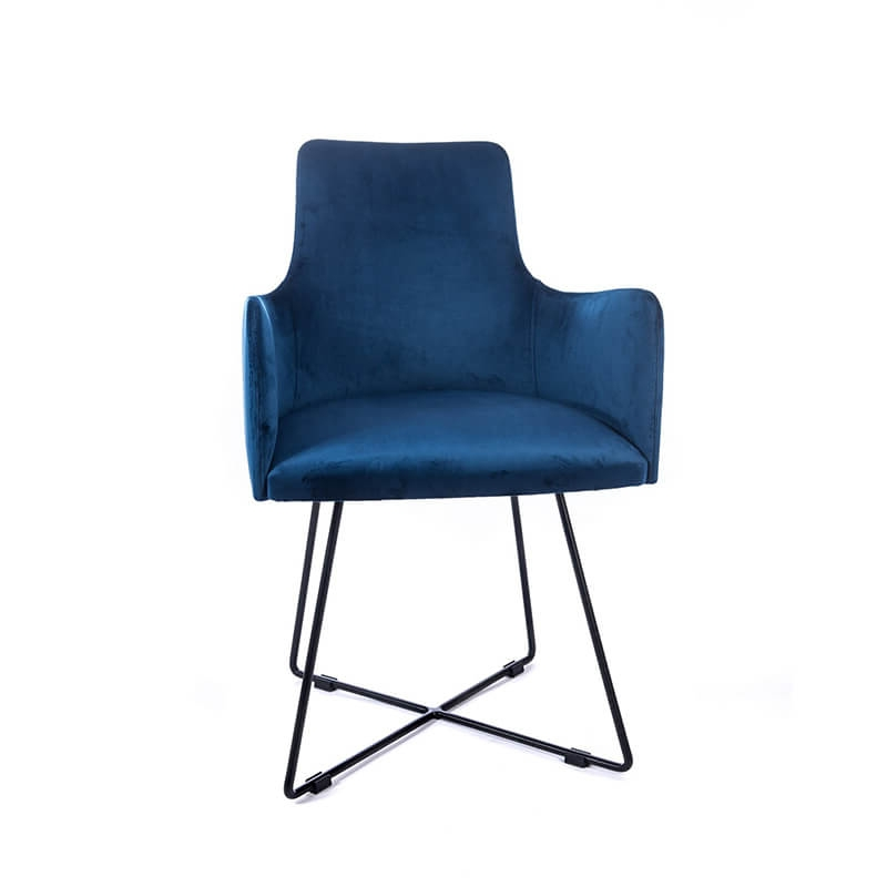 Fauteuil de salle à manger en tissu bleu et pieds métal noir - Anders 