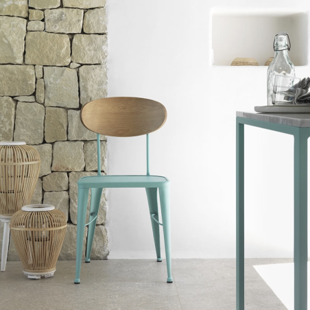 Chaise en métal industriel bleue dossier bois - Austin