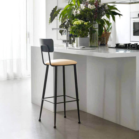 Chaise haute de cuisine en métal noir et assise blanche rembourrée - Lanuza 