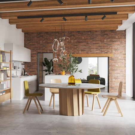 Table de fabrication française ronde en bois et céramique - Volute