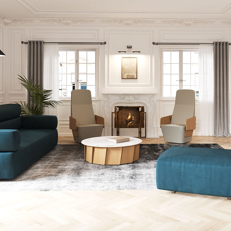 Table basse ronde française en bois avec plateau céramique - Volute