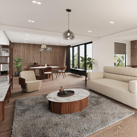 Table basse française en bois avec plateau rond en céramique - Volute