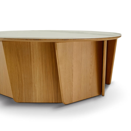 Table basse ronde en bois avec plateau céramique fabriquée en France - Volute