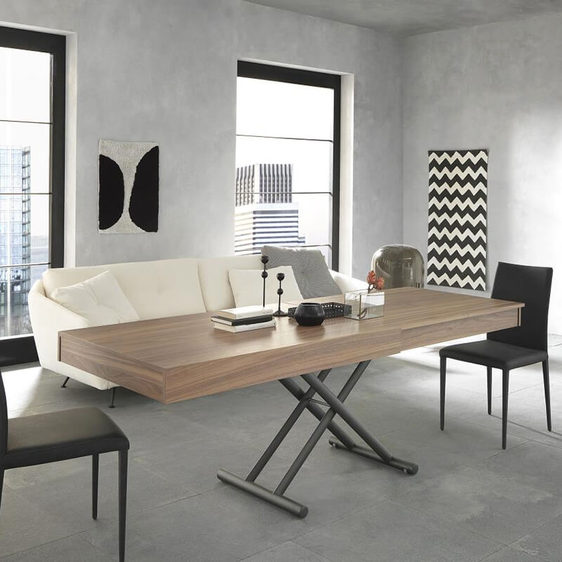 Table italienne relevable avec pieds en acier graphite et plateau en noyer canaletto avec allonges - Febo AT046