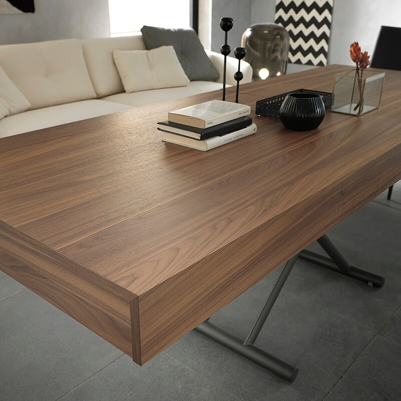 Table italienne avec pieds en acier graphite relevables en noyer canaletto avec allonges - Febo AT046