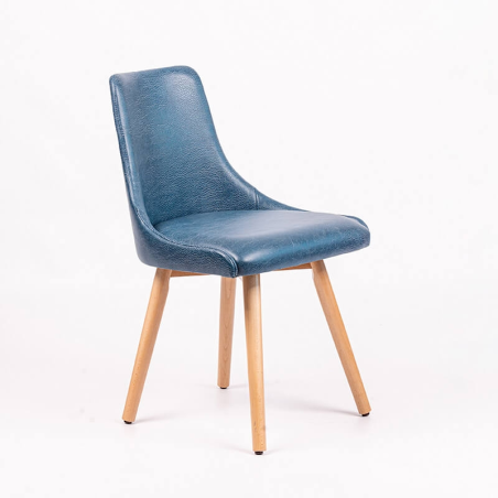 Chaise confortable en synthétique bleu et pieds en bois - Lars