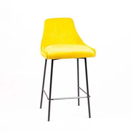 Tabouret hauteur 65 cm dos matelassé en tissu jaune et pieds métal - BarLars line
